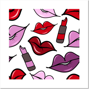 Pink, Red, and Purple Lips and Lipstick Doodle Pattern, made by EndlessEmporium Posters and Art